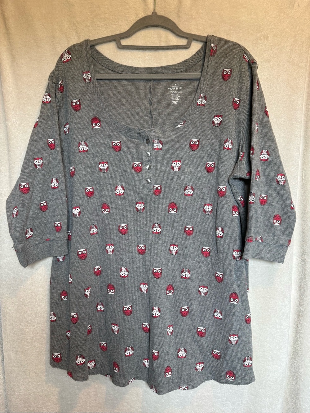 Torrid Gray Henley Sleep Top with Red Owl Print